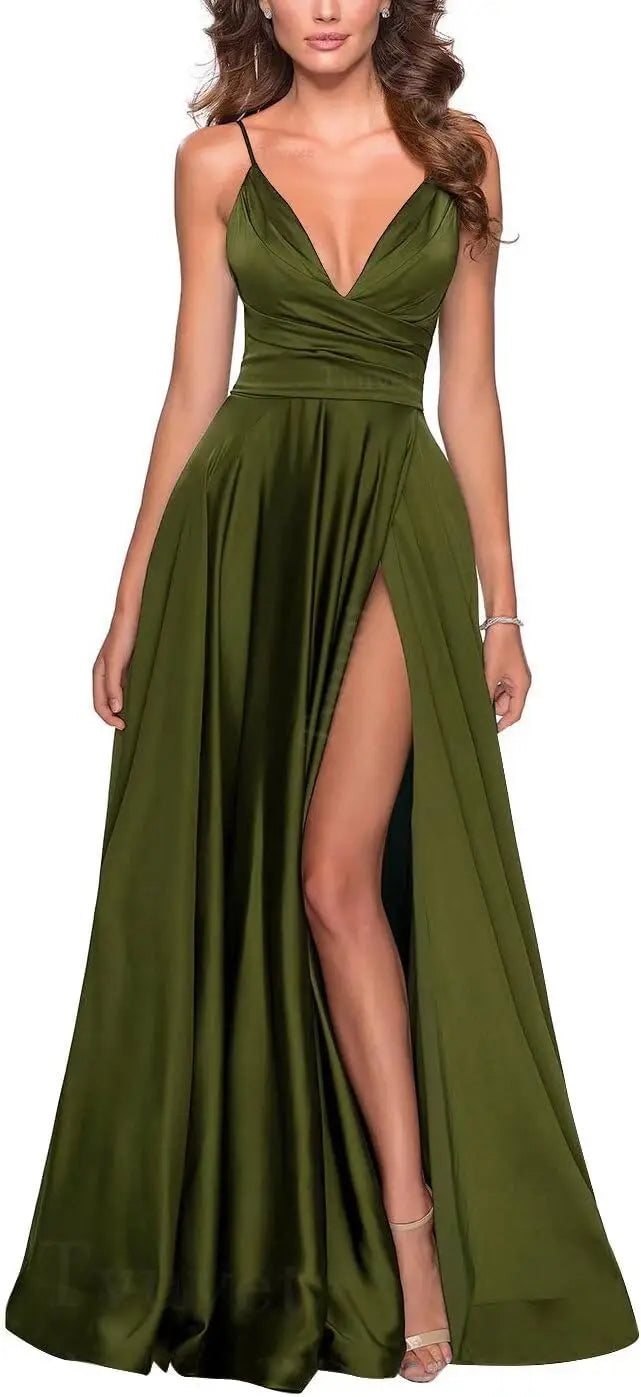 Satin Bridesmaid Dress Pleated A Line Long Suspender in deep green with a slit and spaghetti straps