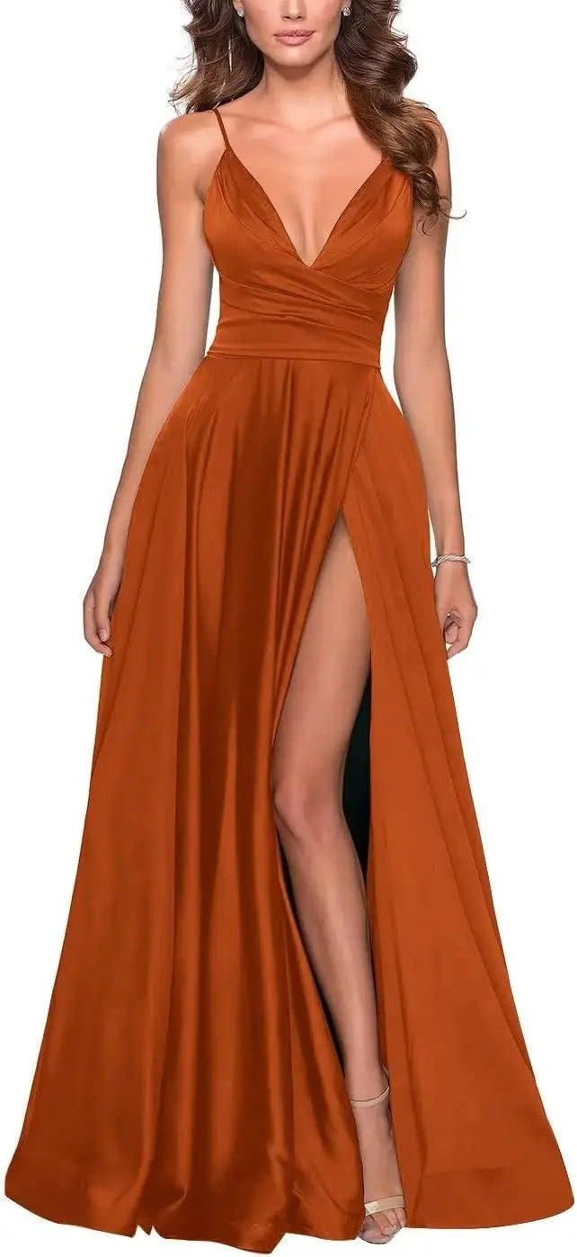 Satin Bridesmaid Dress Pleated A Line Long Suspender