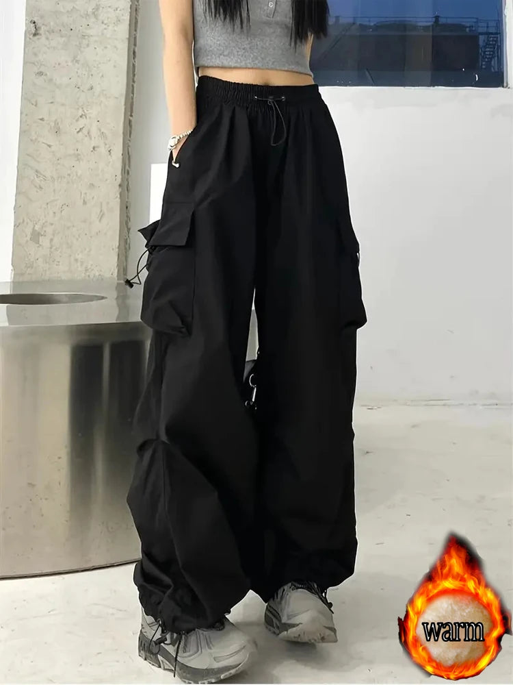 American Retro Jogger Cargo Pants for Female Students, Autumn and Winter, Fleece-Lined, Thickened, Loose, Slimming, Plus-Size, Straight-Leg Casual Pants