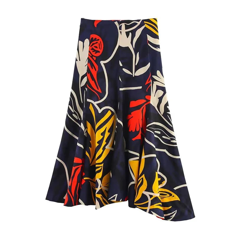 Asymmetrical Hem Long Skirts For Women Fashion 2025 New Printed Elegant Midi Skirt Temperament A Line Chic Party Skirts
