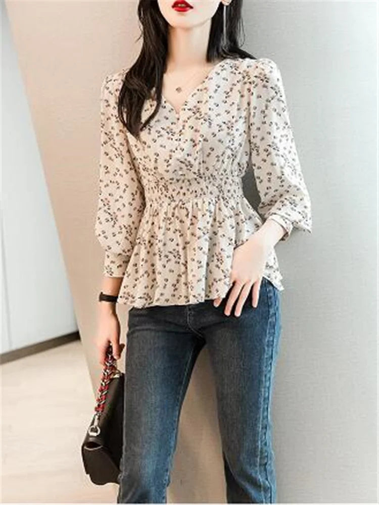 Pearl Button V Neck Shirt Women Retro Floral