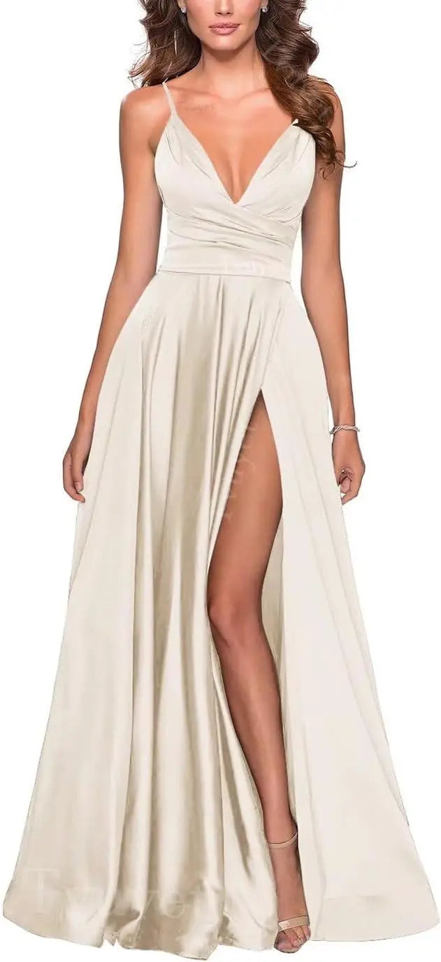 Satin Bridesmaid Dress Pleated A Line Long Suspender