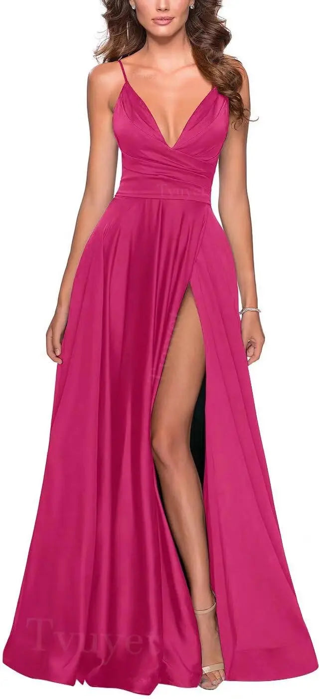 Satin Bridesmaid Dress Pleated A Line Long Suspender