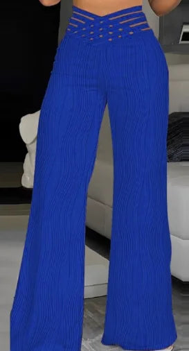 Elegant High Waist Flared Pants For Women Overlap Waisted Textured Criss Cross Sheer Mesh Design Female Summer Work Trousers