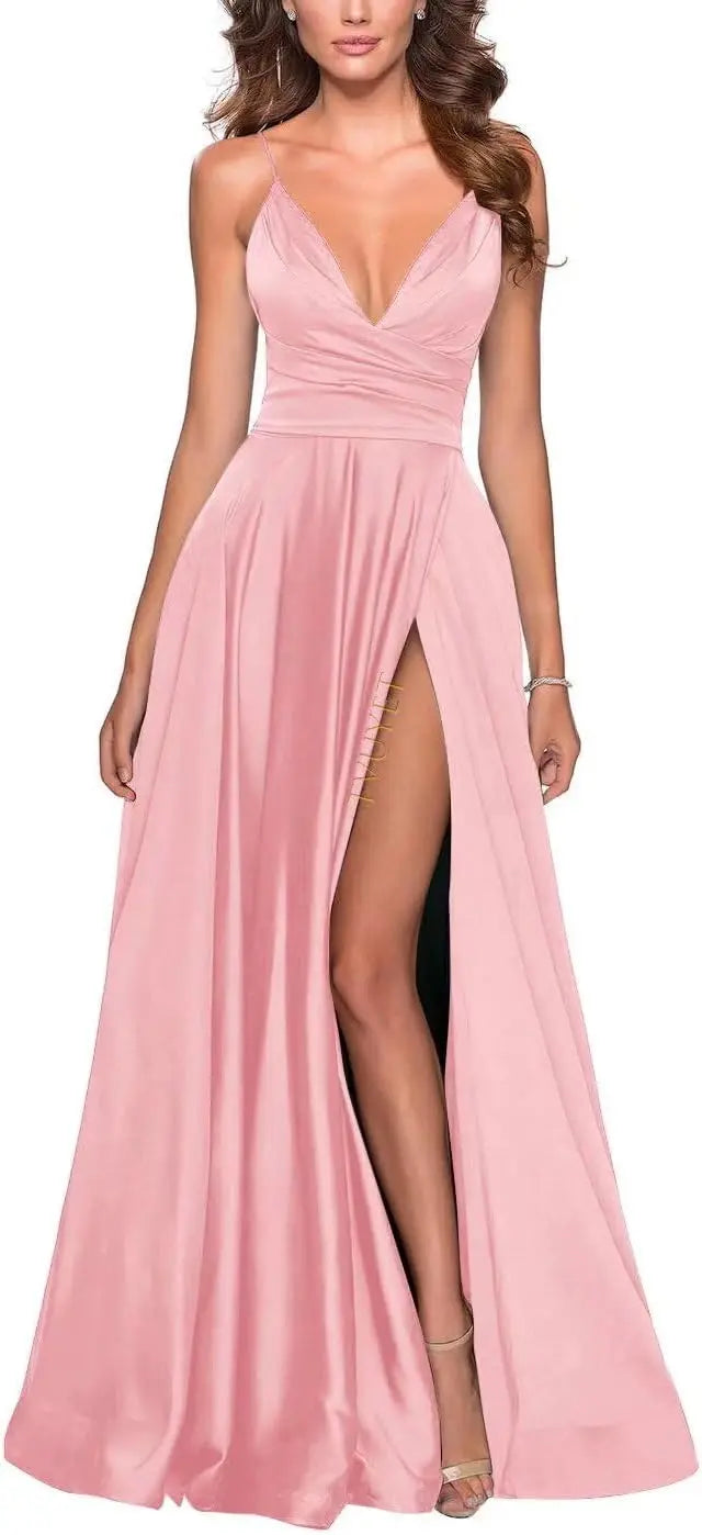 Satin Bridesmaid Dress Pleated A Line Long Suspender