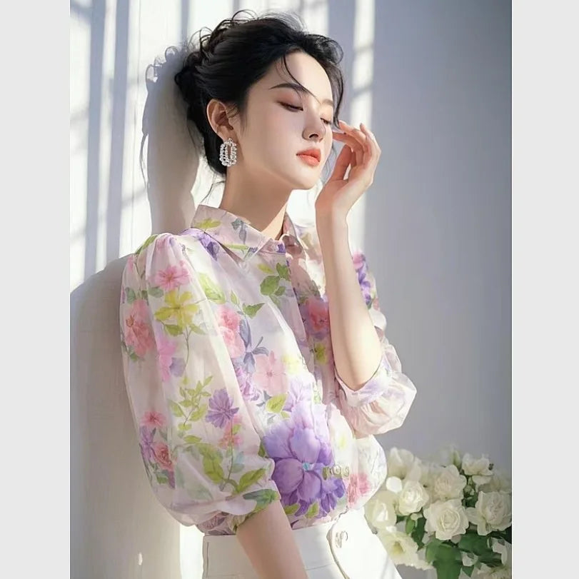 Elegant French Style Purple Floral Chiffon Blouse Women
