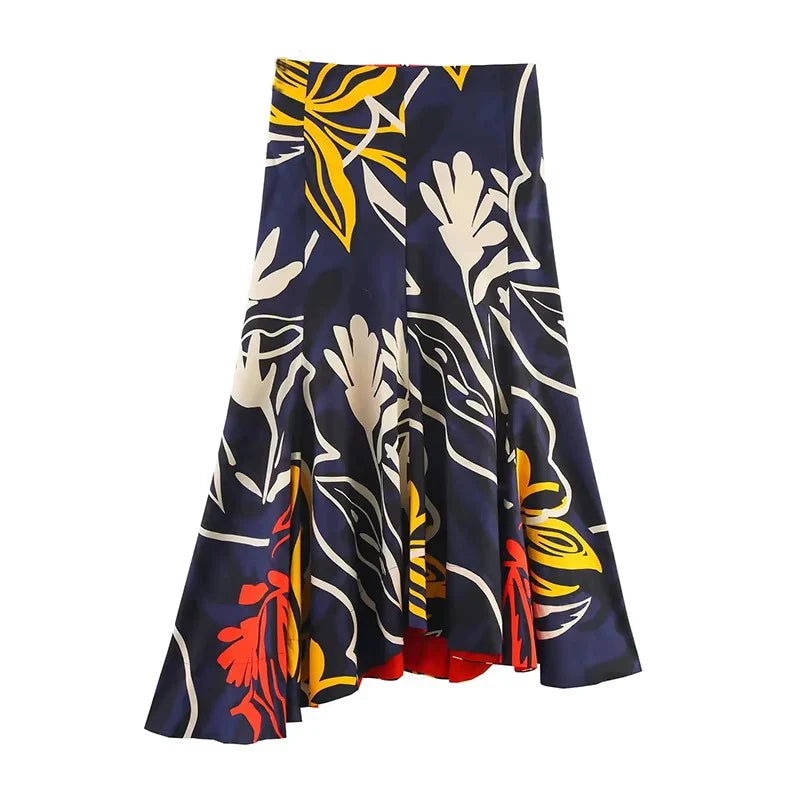 Asymmetrical Hem Long Skirts For Women Fashion 2025 New Printed Elegant Midi Skirt Temperament A Line Chic Party Skirts