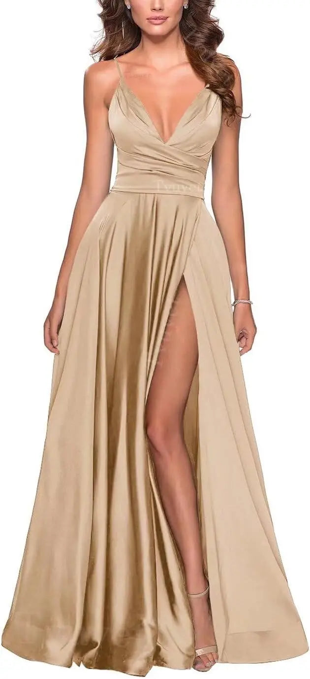 Satin Bridesmaid Dress Pleated A Line Long Suspender