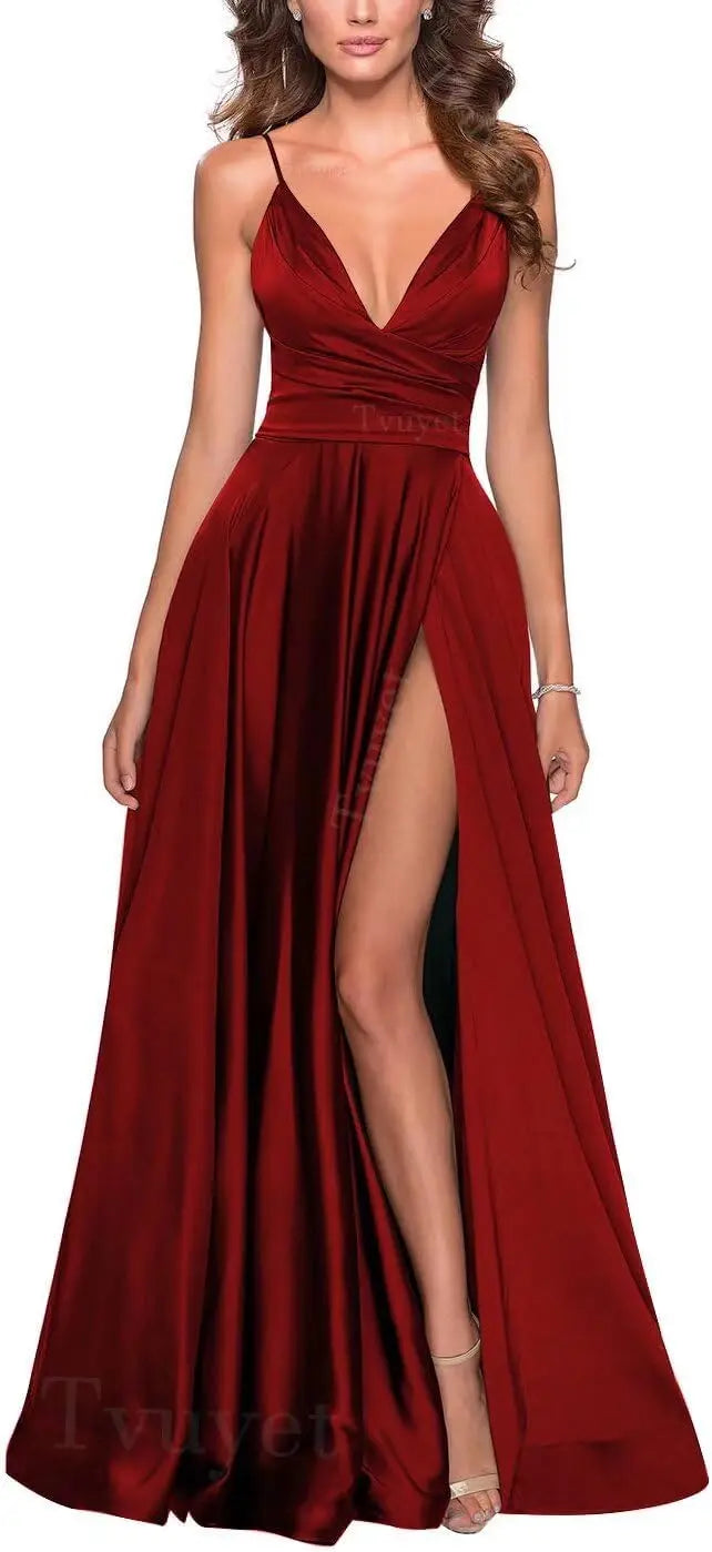 Satin Bridesmaid Dress Pleated A Line Long Suspender
