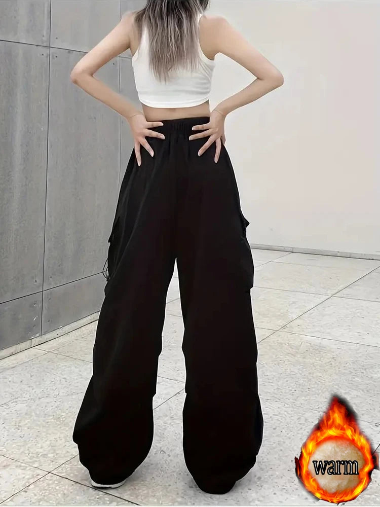 American Retro Jogger Cargo Pants for Female Students, Autumn and Winter, Fleece-Lined, Thickened, Loose, Slimming, Plus-Size, Straight-Leg Casual Pants