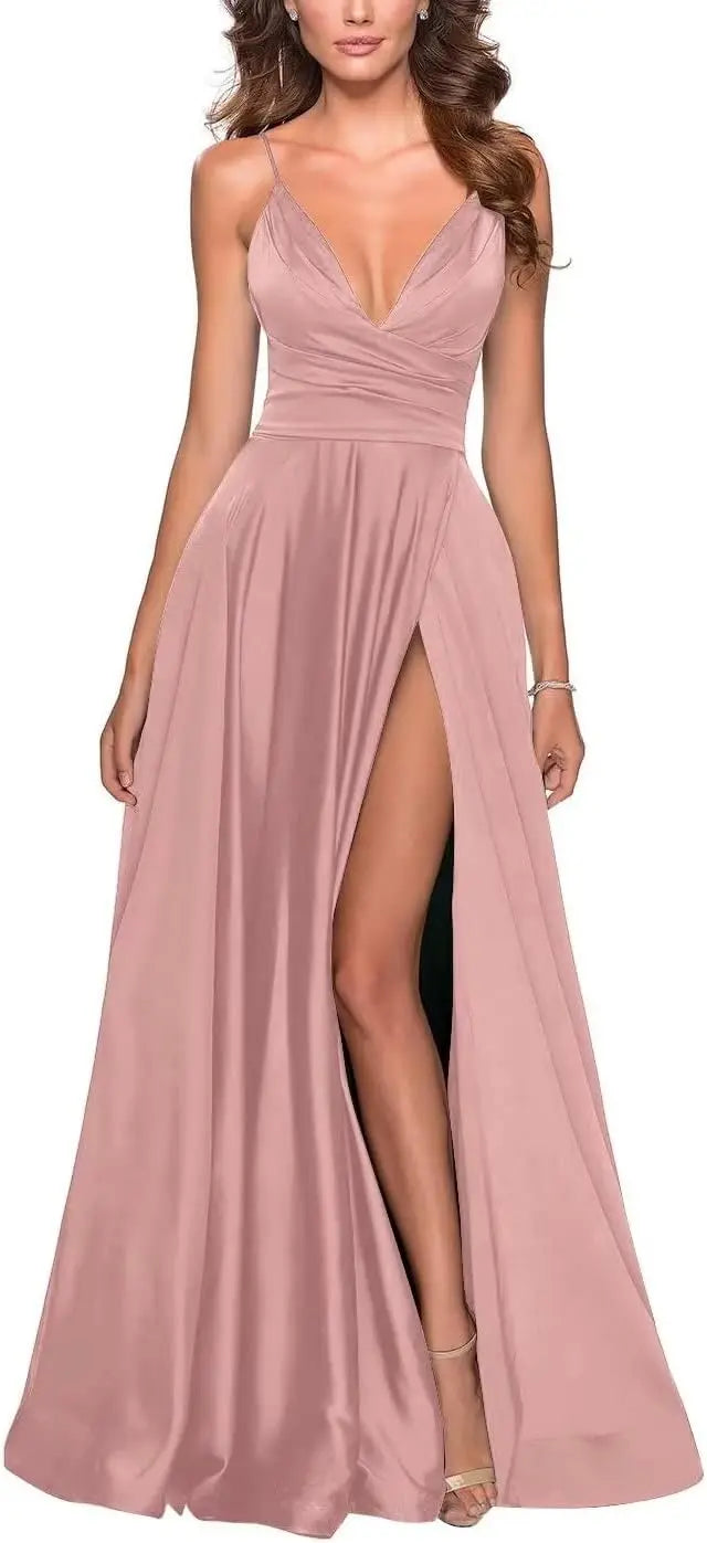 Satin Bridesmaid Dress Pleated A Line Long Suspender