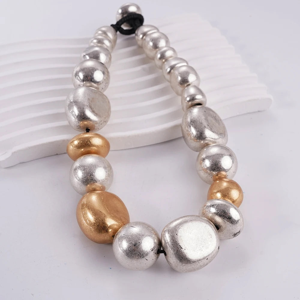 Statement Chunky Beaded Choker Necklace Silver Gold Tone