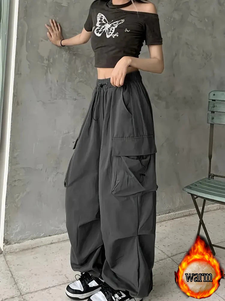 American Retro Jogger Cargo Pants for Female Students, Autumn and Winter, Fleece-Lined, Thickened, Loose, Slimming, Plus-Size, Straight-Leg Casual Pants