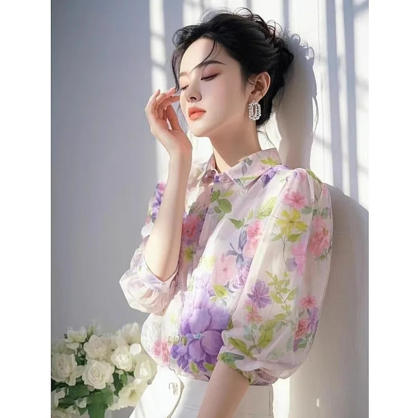 Elegant French Style Purple Floral Chiffon Blouse Women