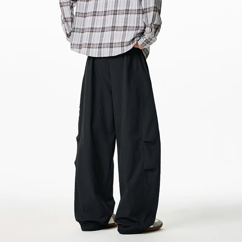 2025 Japanese Style Men's Pleated Trousers Loose Fit Wide-Leg Casual Pants Pure Color Micro Flare Spring Fashion Chino Pants
