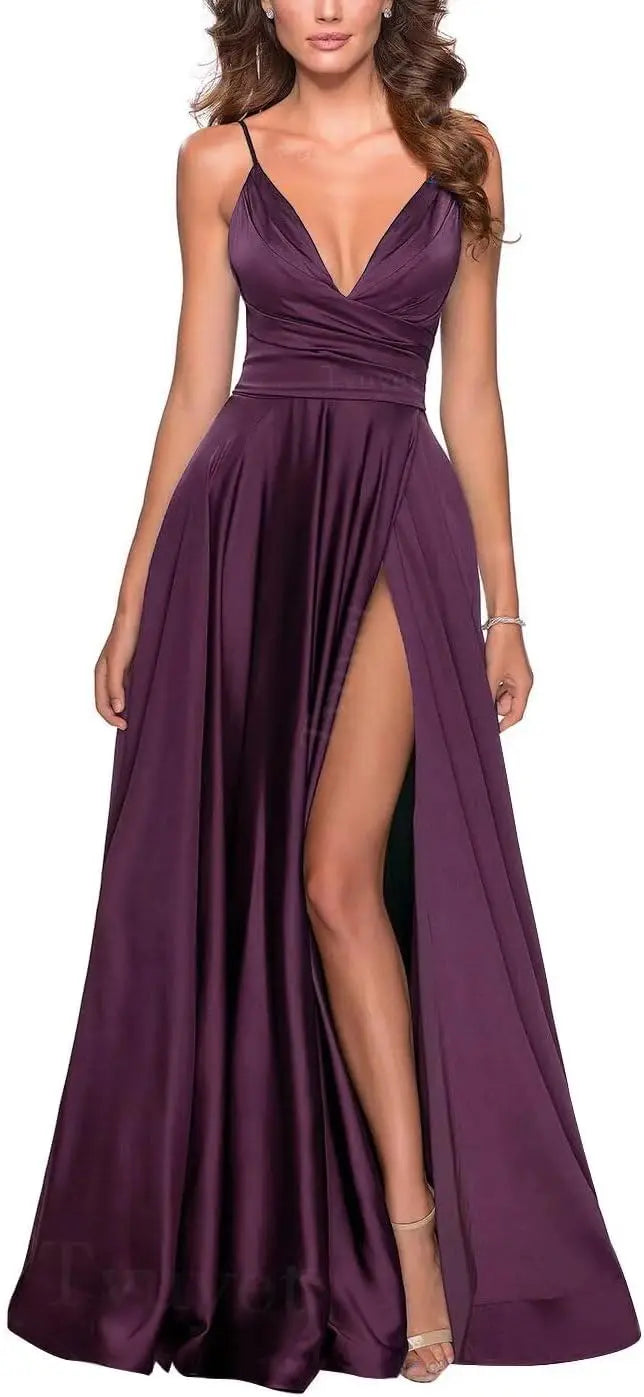 Satin Bridesmaid Dress Pleated A Line Long Suspender