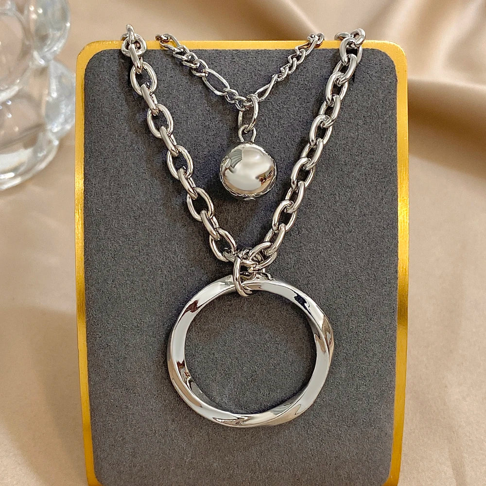 Punk Chunky Women Necklace Multilayer Silver Color