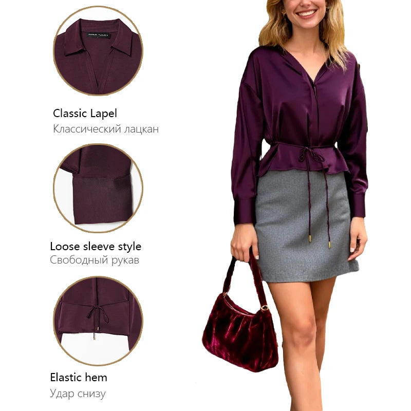 Womens Elegant Blouse With Tie Satin Lapel