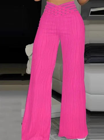Elegant High Waist Flared Pants For Women Overlap Waisted Textured Criss Cross Sheer Mesh Design Female Summer Work Trousers