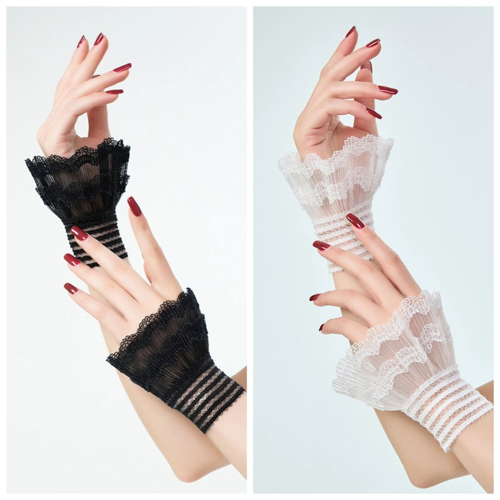 1Pair Detachable Cuffs Lace Flower Mesh Fake Flared Sleeves Double Layer Pleated Ruched False Cuffs Sweater Blouse Wrist Warmers
