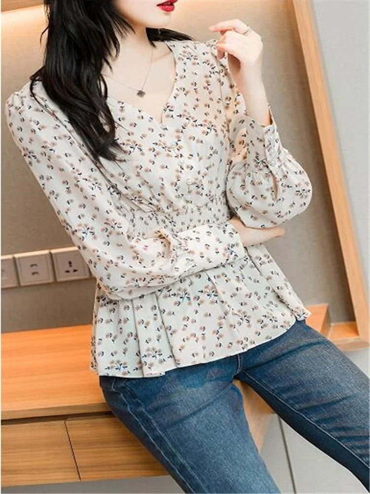 Pearl Button V Neck Shirt Women Retro Floral