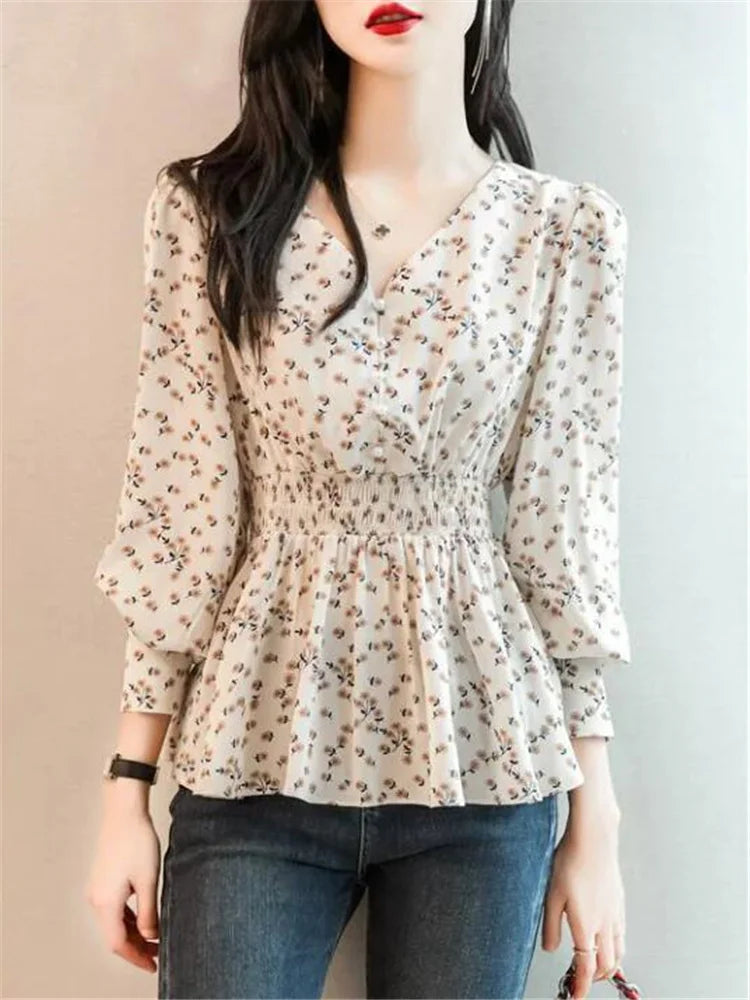 Pearl Button V Neck Shirt Women Retro Floral