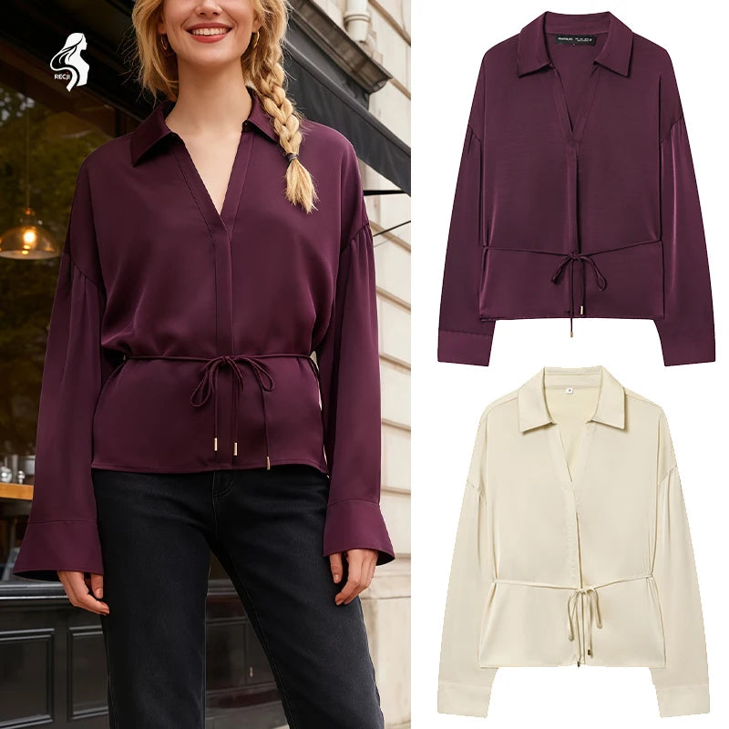 Womens Elegant Blouse With Tie Satin Lapel