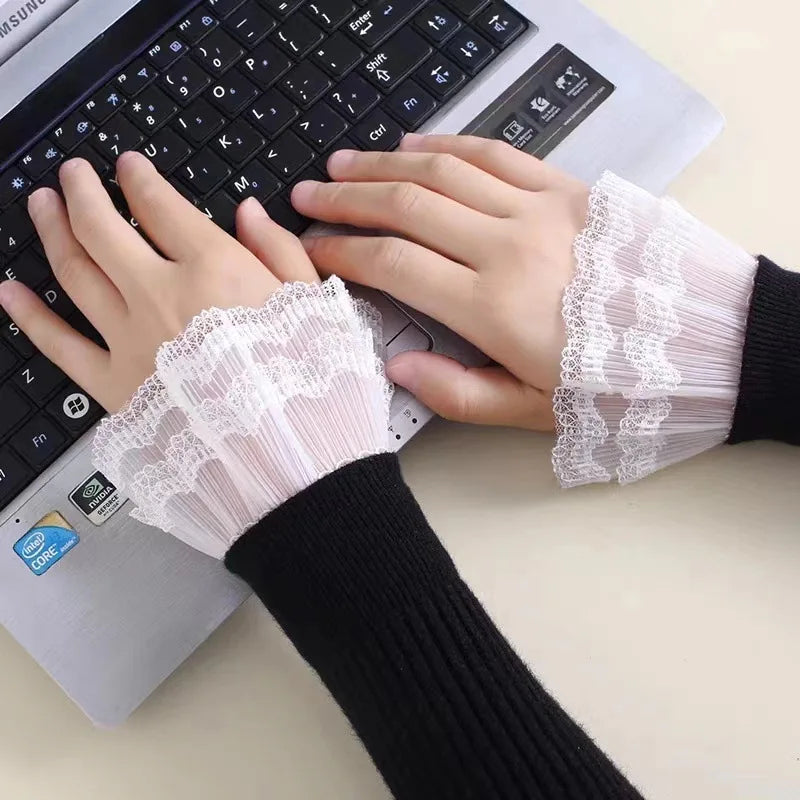 1Pair Detachable Cuffs Lace Flower Mesh Fake Flared Sleeves Double Layer Pleated Ruched False Cuffs Sweater Blouse Wrist Warmers