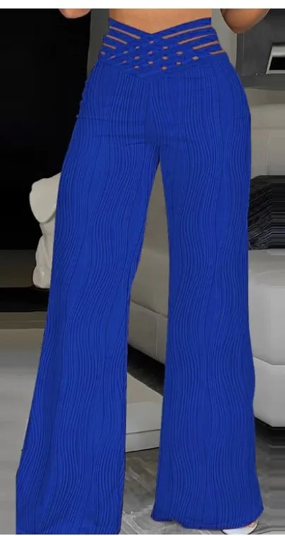 Elegant High Waist Flared Pants For Women Overlap Waisted Textured Criss Cross Sheer Mesh Design Female Summer Work Trousers