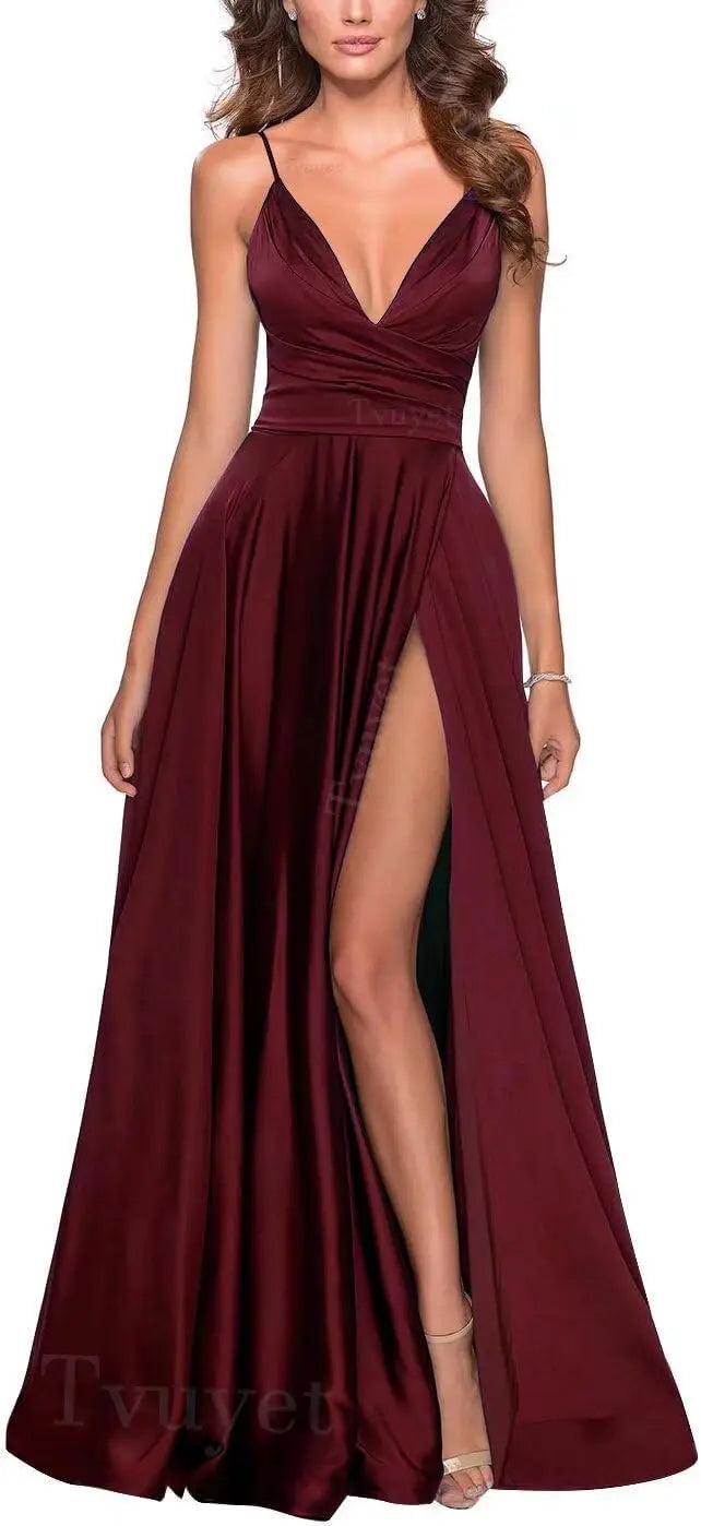Satin Bridesmaid Dress Pleated A Line Long Suspender
