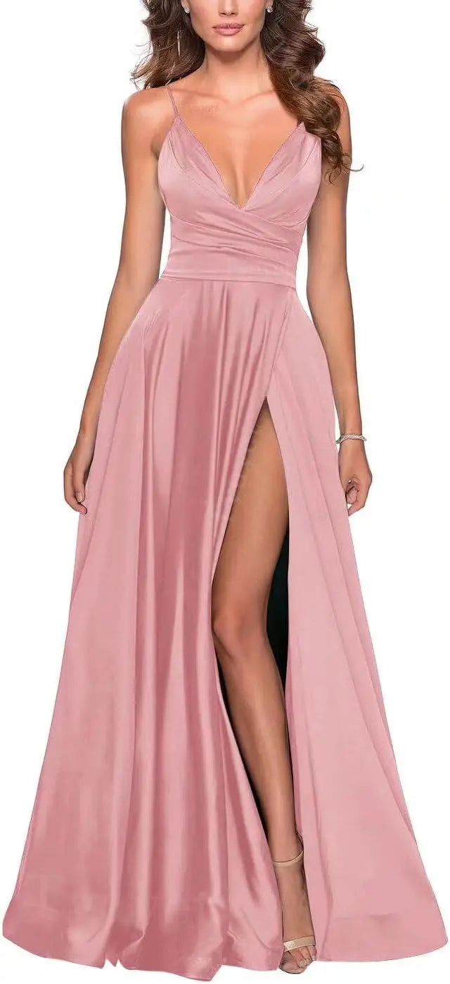 Satin Bridesmaid Dress Pleated A Line Long Suspender