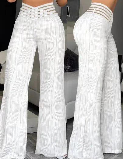 Elegant High Waist Flared Pants For Women Overlap Waisted Textured Criss Cross Sheer Mesh Design Female Summer Work Trousers