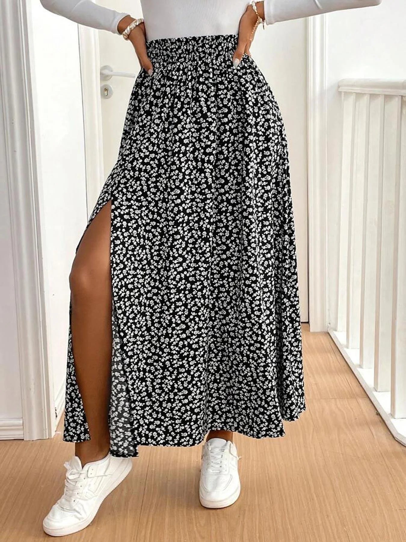 Elegant Womens A Line Midi Skirt High Waist Ruffle