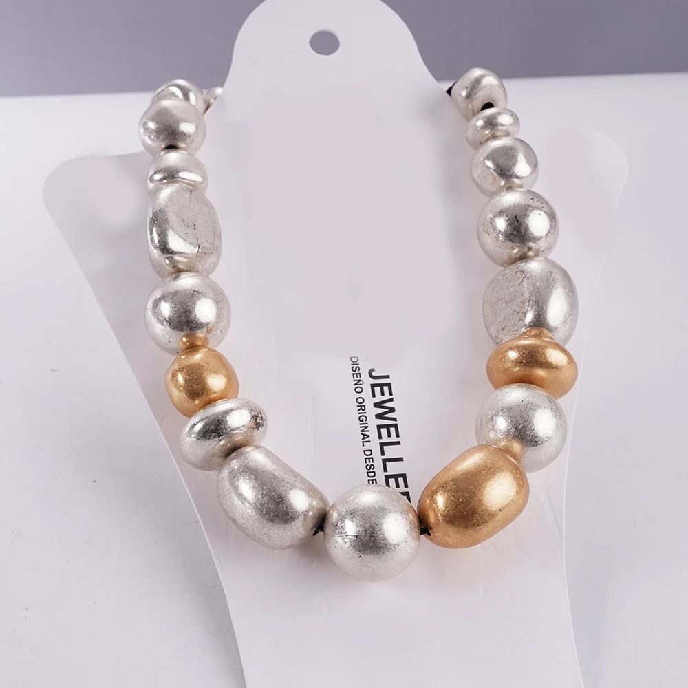 Statement Chunky Beaded Choker Necklace Silver Gold Tone