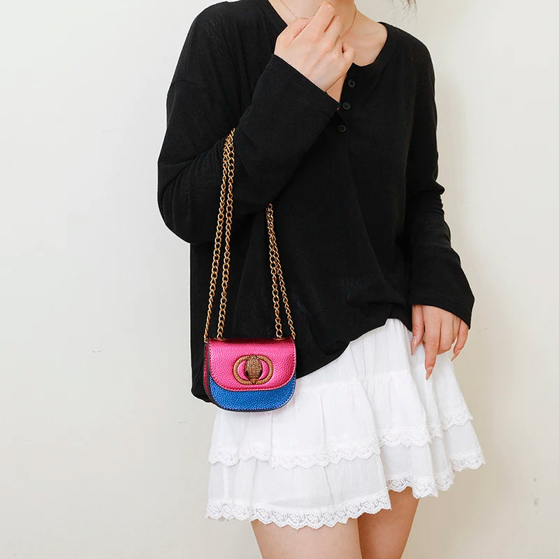 Classic Women Handbag Leather Crossbody Bag worn with a black top and white skirt, showcasing stylish casual fashion.