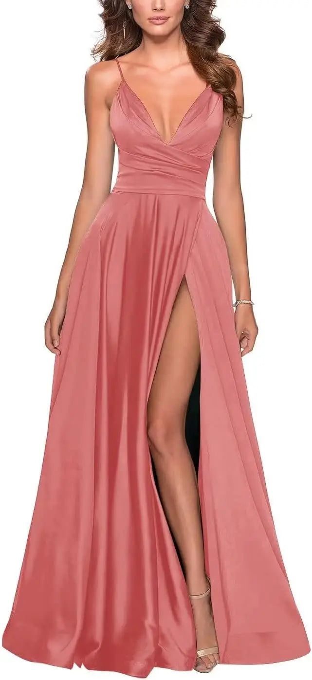 Satin Bridesmaid Dress Pleated A Line Long Suspender
