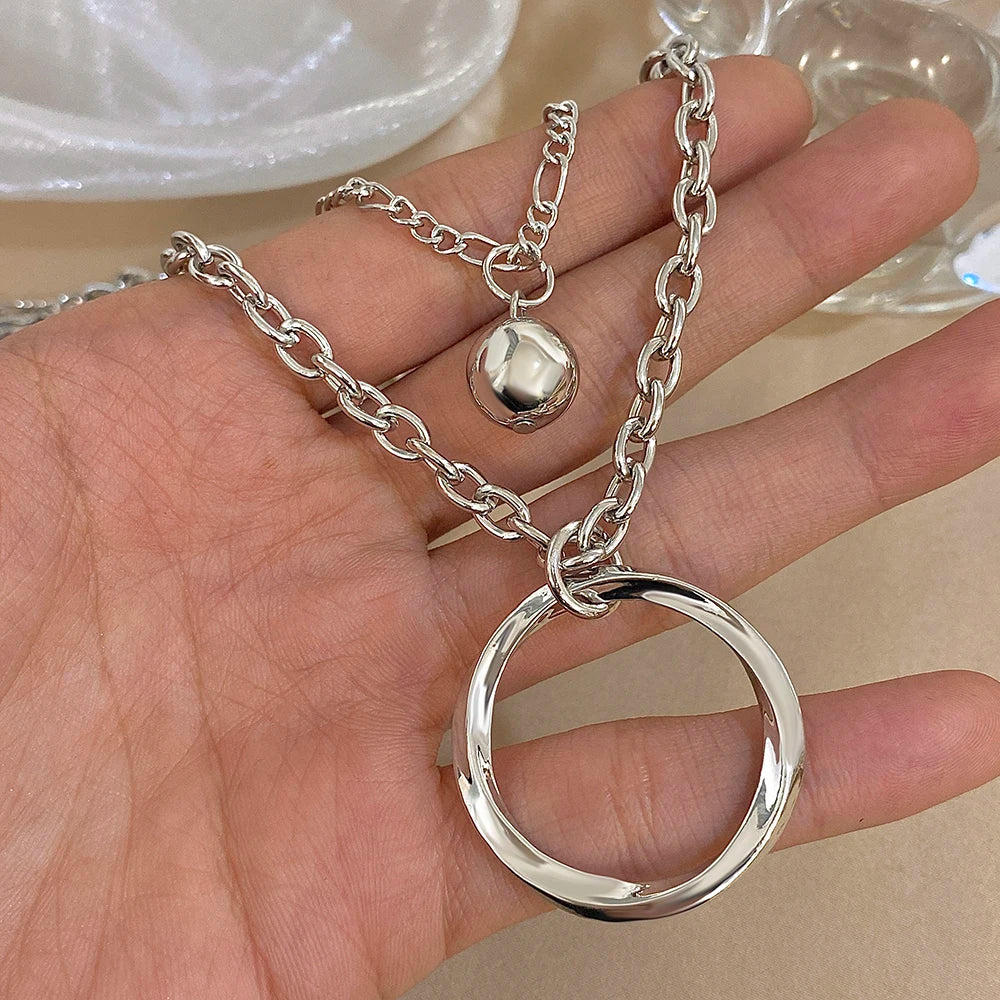 Punk Chunky Women Necklace Multilayer Silver Color