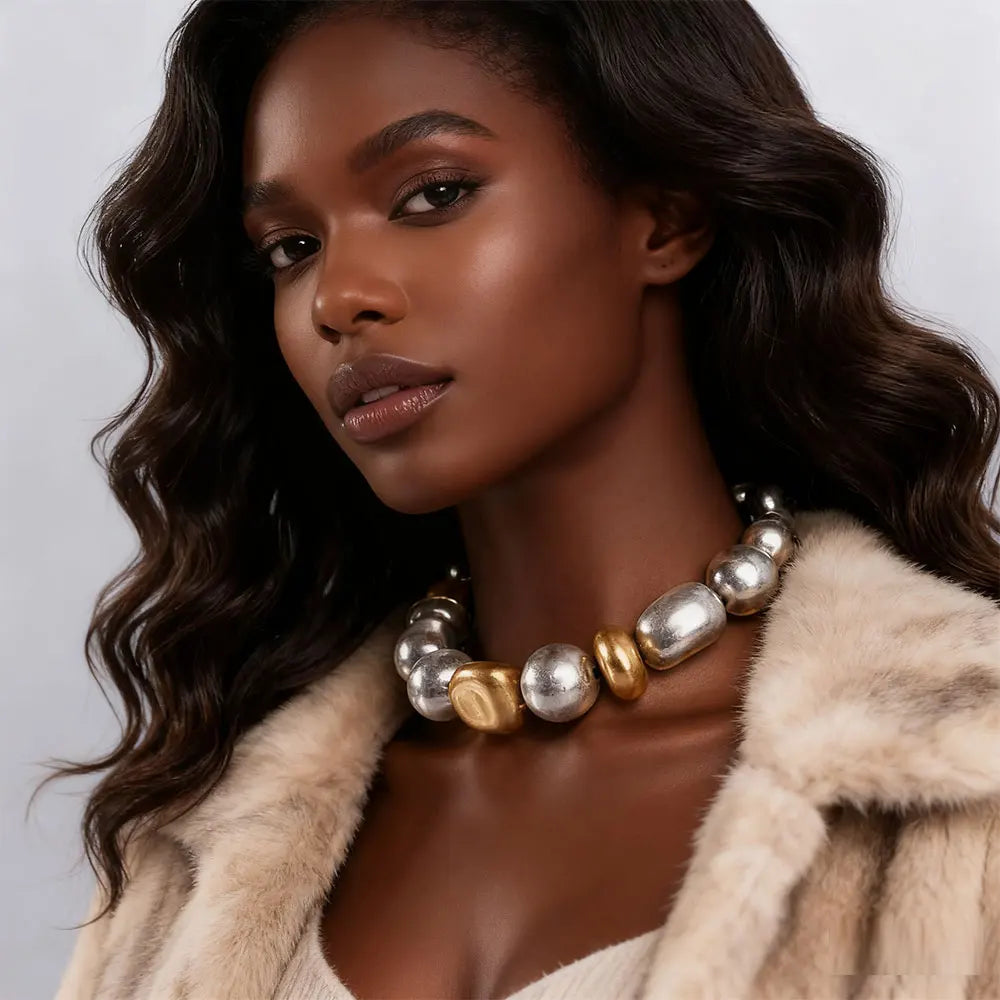 Statement Chunky Beaded Choker Necklace Silver Gold Tone
