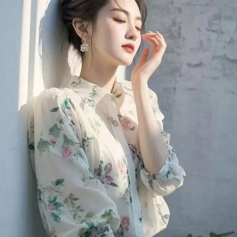 Elegant French Style Purple Floral Chiffon Blouse Women