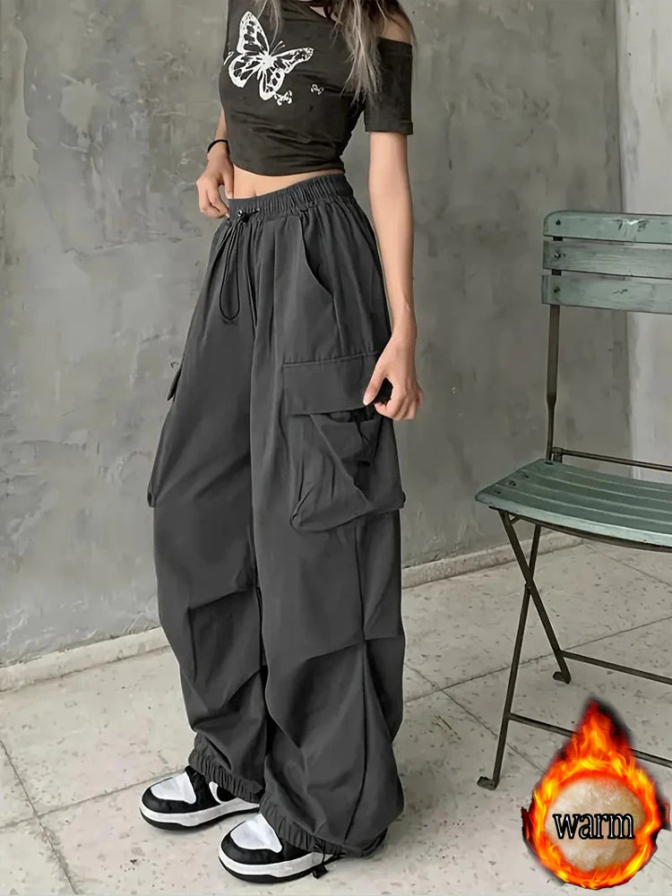 American Retro Jogger Cargo Pants for Female Students, Autumn and Winter, Fleece-Lined, Thickened, Loose, Slimming, Plus-Size, Straight-Leg Casual Pants