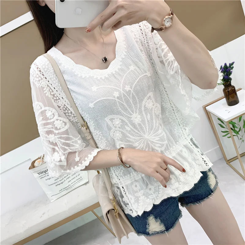 Fashion Women Blouses Autumn Chiffon Lace