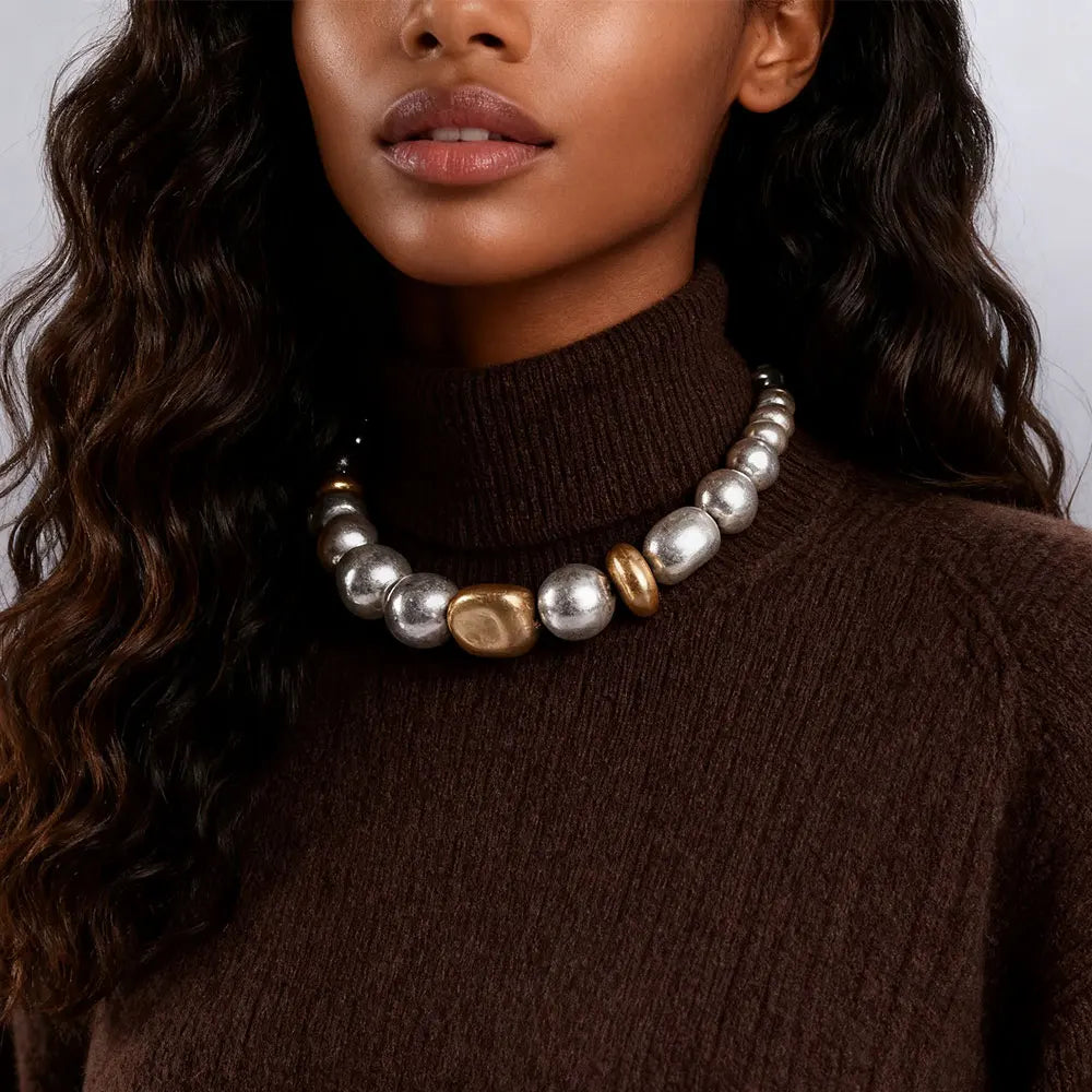 Statement Chunky Beaded Choker Necklace Silver Gold Tone