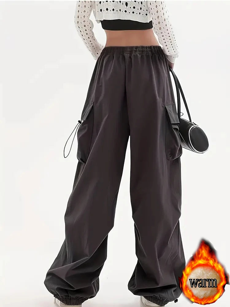 American Retro Jogger Cargo Pants for Female Students, Autumn and Winter, Fleece-Lined, Thickened, Loose, Slimming, Plus-Size, Straight-Leg Casual Pants