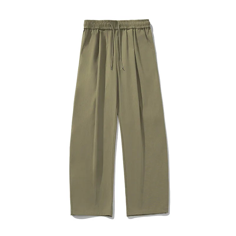 2025 Japanese Style Men's Pleated Trousers Loose Fit Wide-Leg Casual Pants Pure Color Micro Flare Spring Fashion Chino Pants