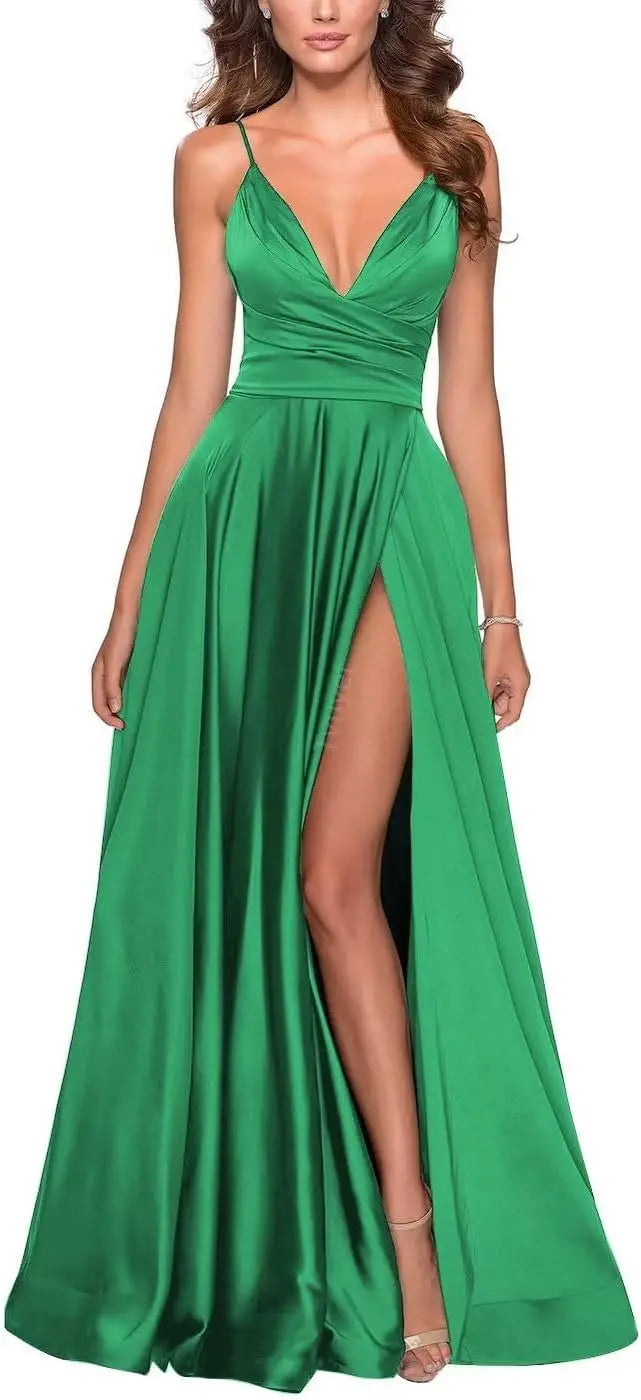 Satin Bridesmaid Dress Pleated A Line Long Suspender