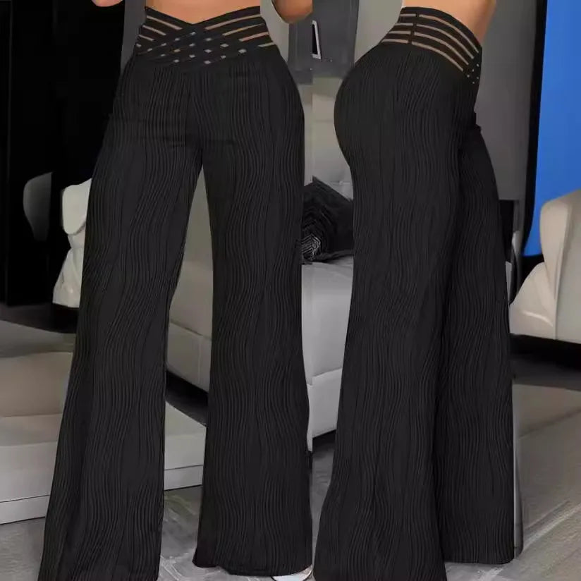 Elegant High Waist Flared Pants For Women Overlap Waisted Textured Criss Cross Sheer Mesh Design Female Summer Work Trousers