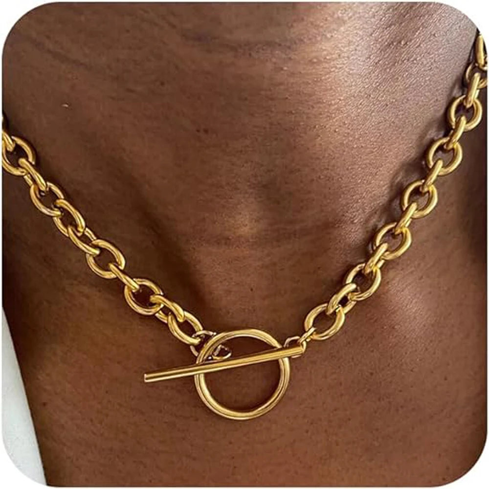 18K Gold Plated Chunky Necklace for Women Titanium Clasp