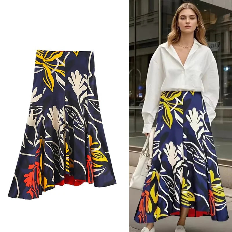 Asymmetrical Hem Long Skirts For Women Fashion 2025 New Printed Elegant Midi Skirt Temperament A Line Chic Party Skirts