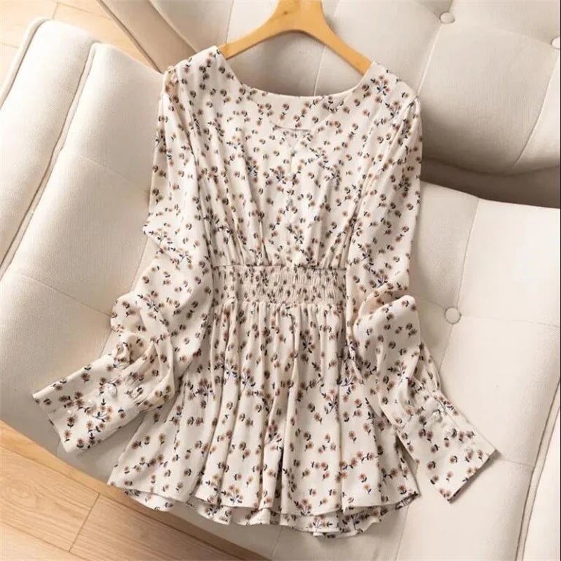Pearl Button V Neck Shirt Women Retro Floral