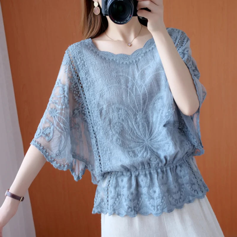 Fashion Women Blouses Autumn Chiffon Lace